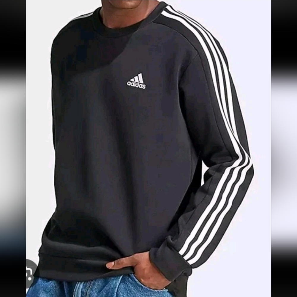 Adidas Black Essential 3 Stripes Sweatshirt Crew-Neck Pullover Size Medium